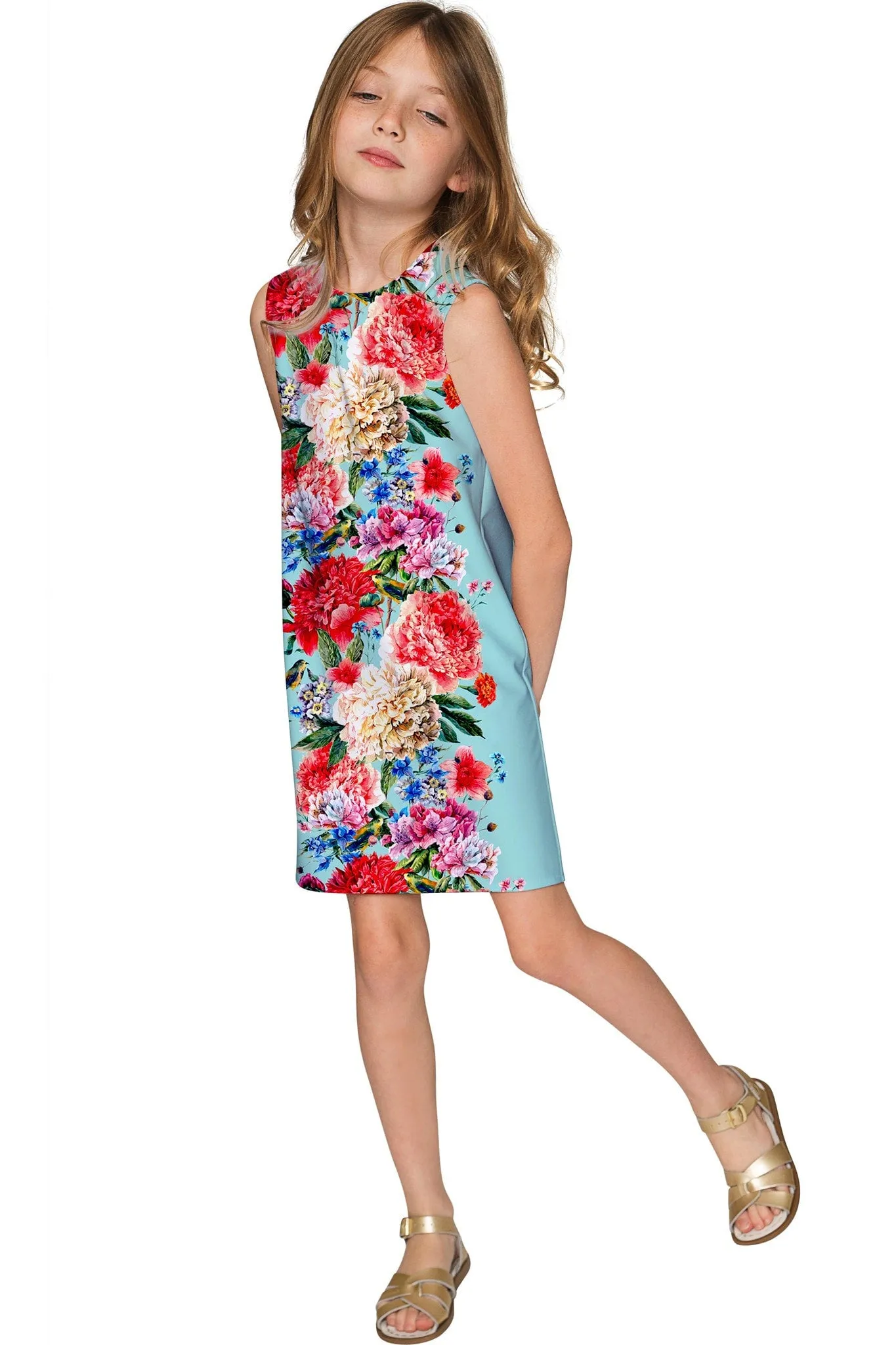 Amour Adele Blue Floral Print Chic Shift Party Dress - Girls