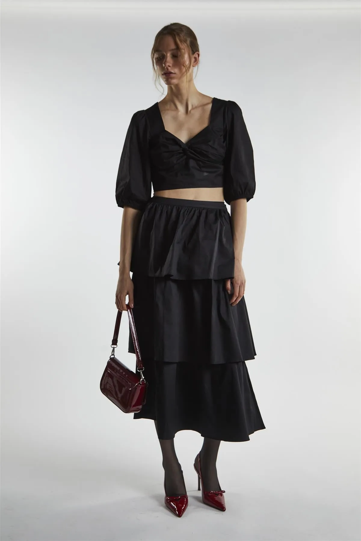 Black Tiered Midi Skirt