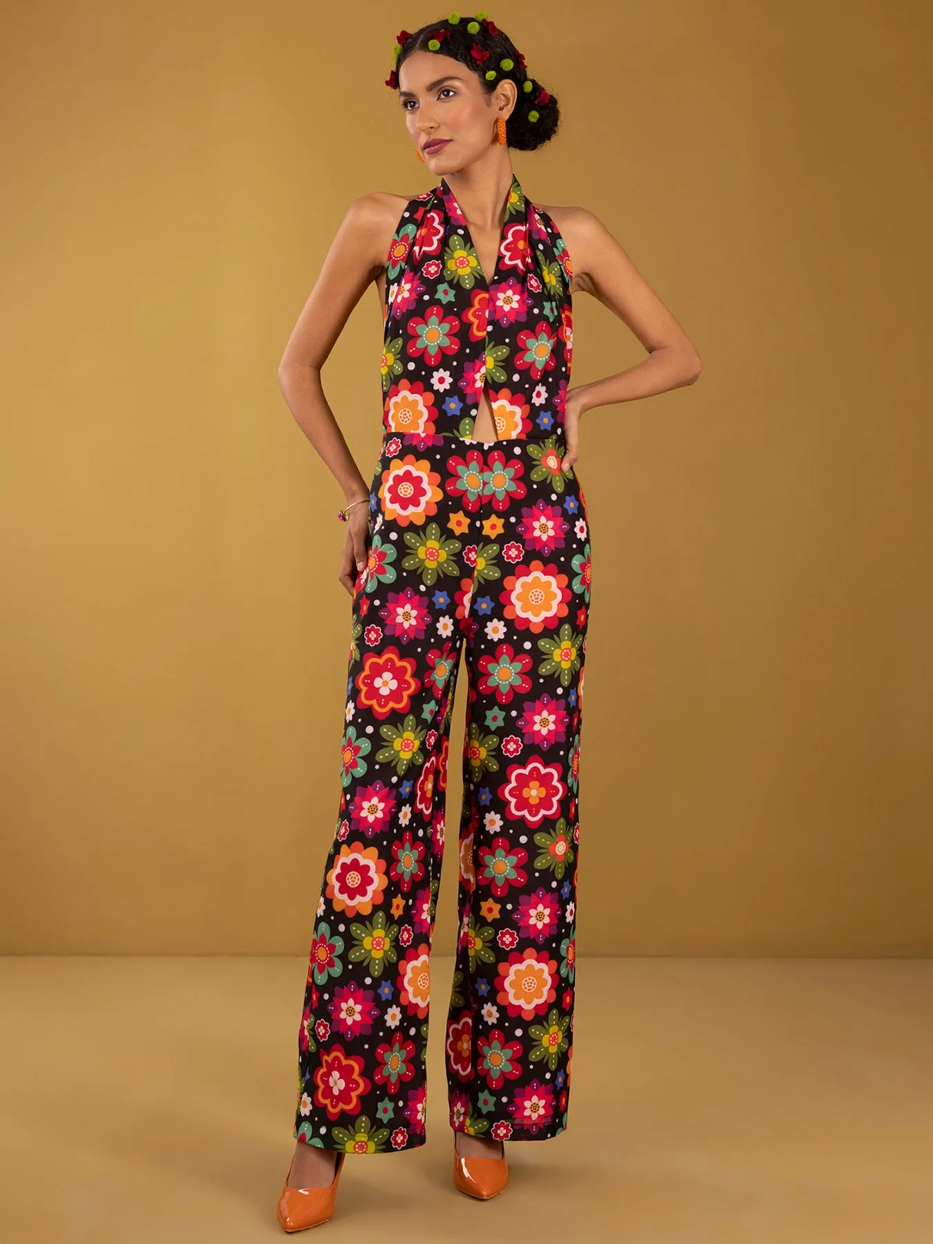 Chanderi Halterneck Backless Jumpsuit - Black