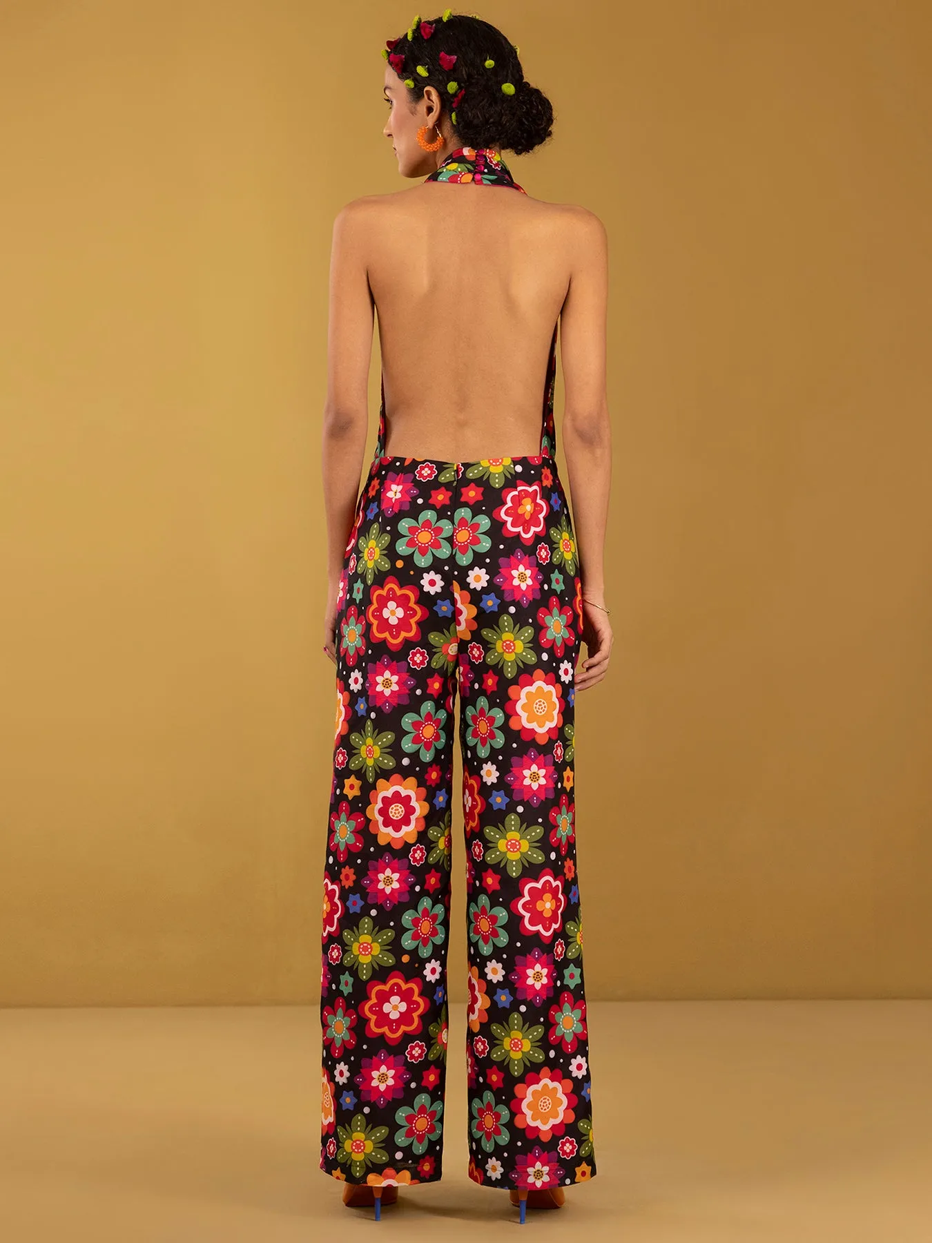 Chanderi Halterneck Backless Jumpsuit - Black
