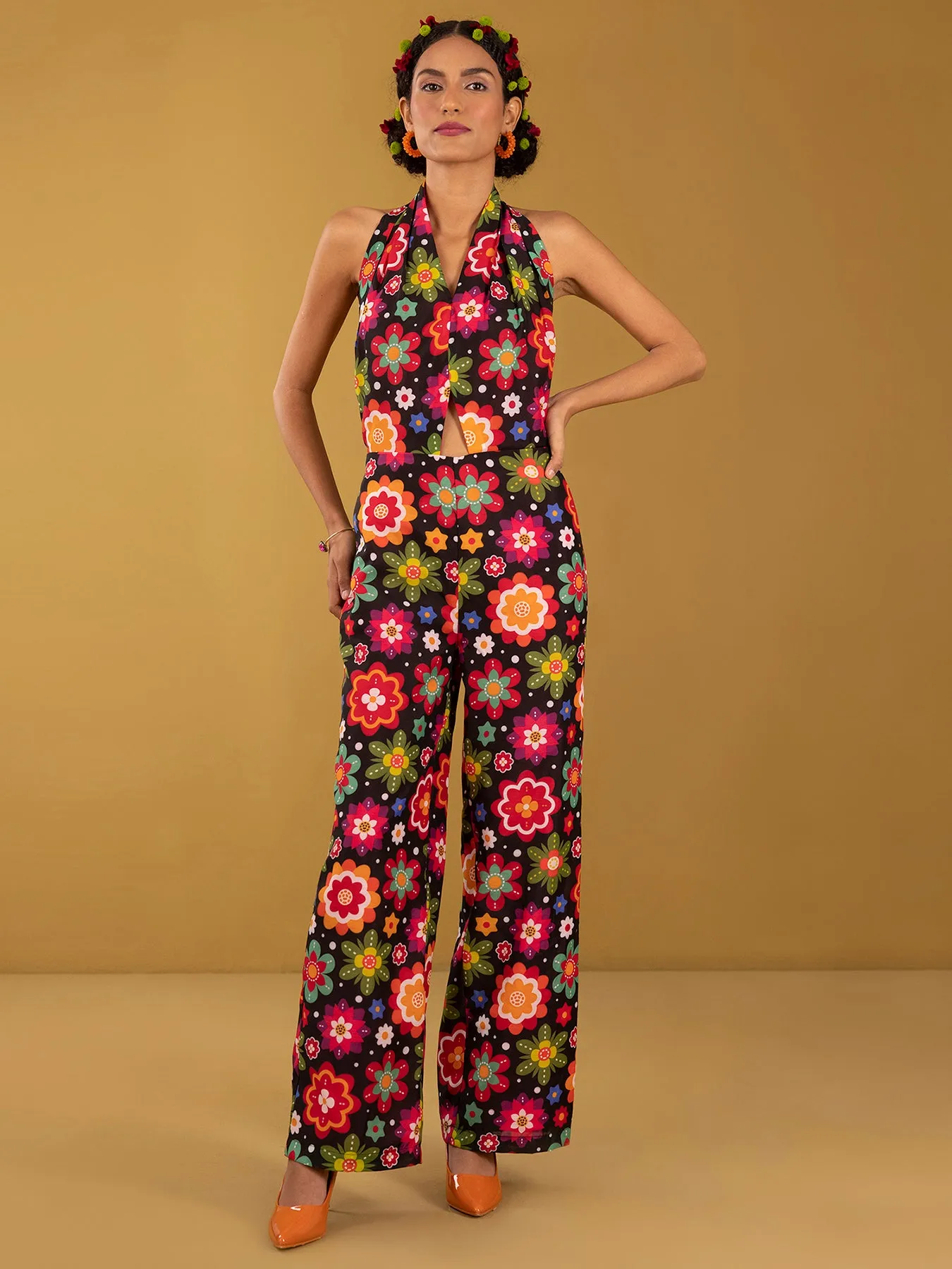 Chanderi Halterneck Backless Jumpsuit - Black