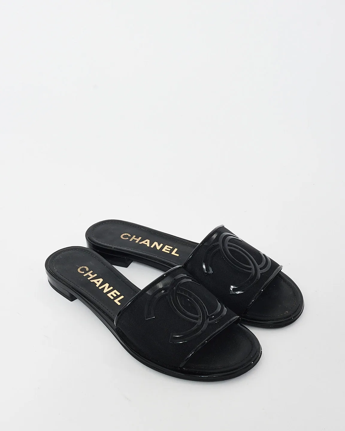 Chanel Black Mesh & Patent Leather Logo Slides - 36C