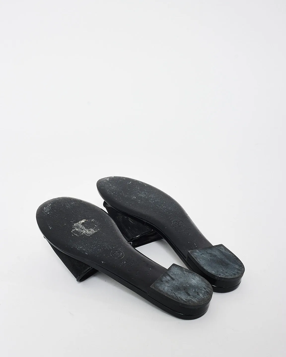 Chanel Black Mesh & Patent Leather Logo Slides - 36C