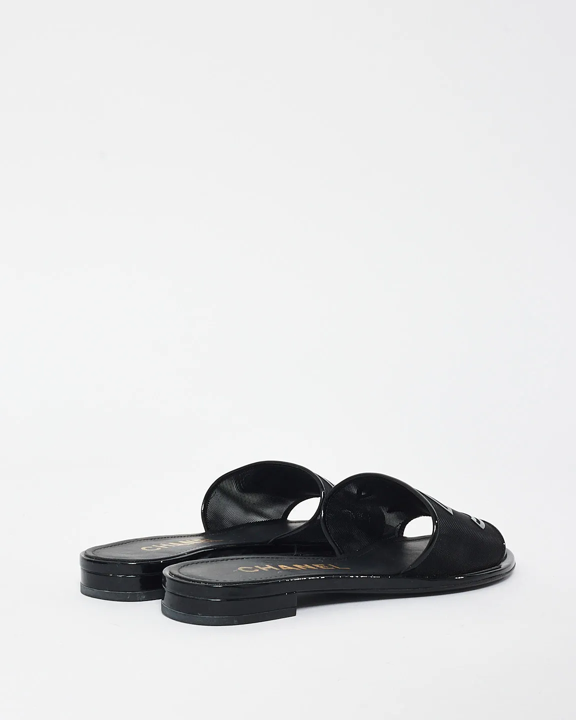 Chanel Black Mesh & Patent Leather Logo Slides - 36C