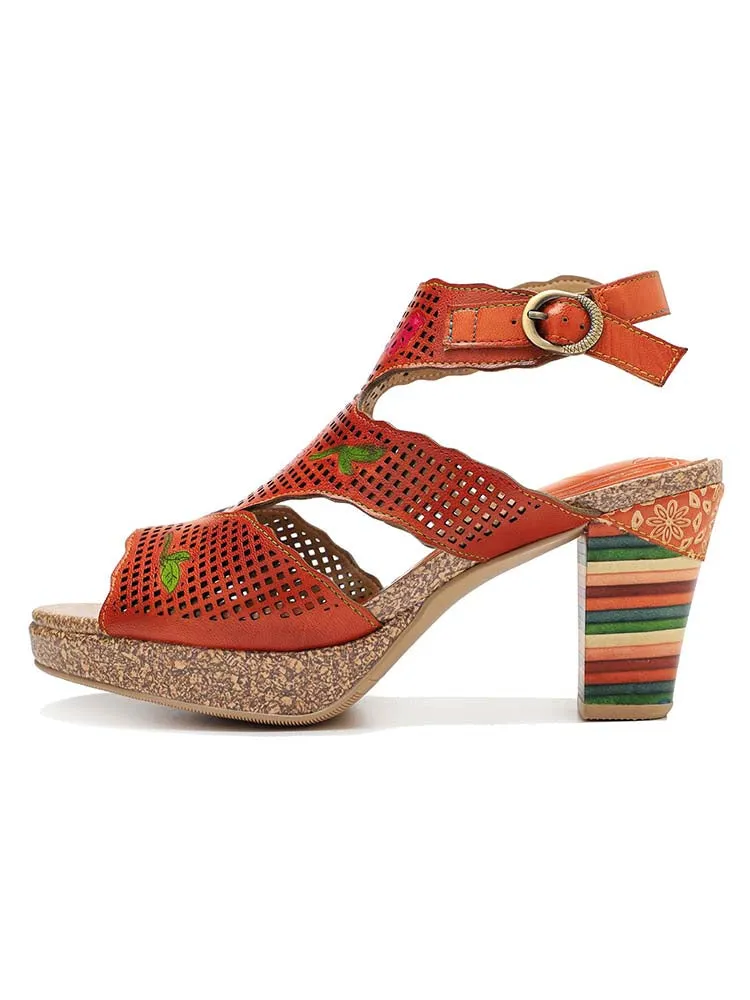 Fish Mouth Cutout Leather Colored Stripe Heel Sandals