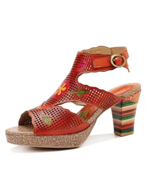 Fish Mouth Cutout Leather Colored Stripe Heel Sandals