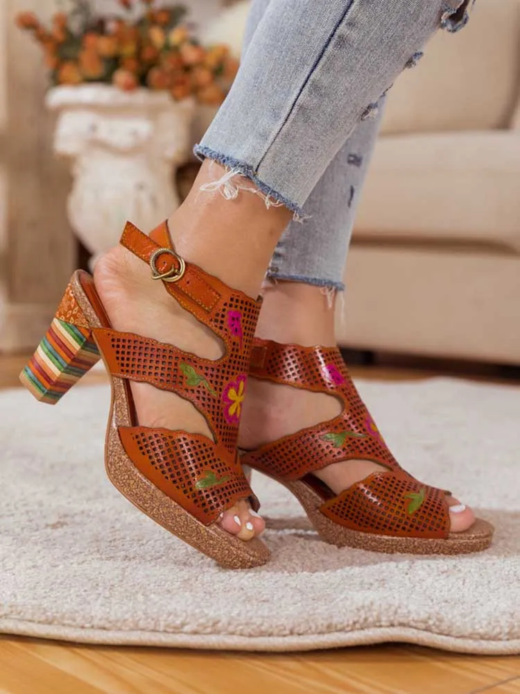 Fish Mouth Cutout Leather Colored Stripe Heel Sandals