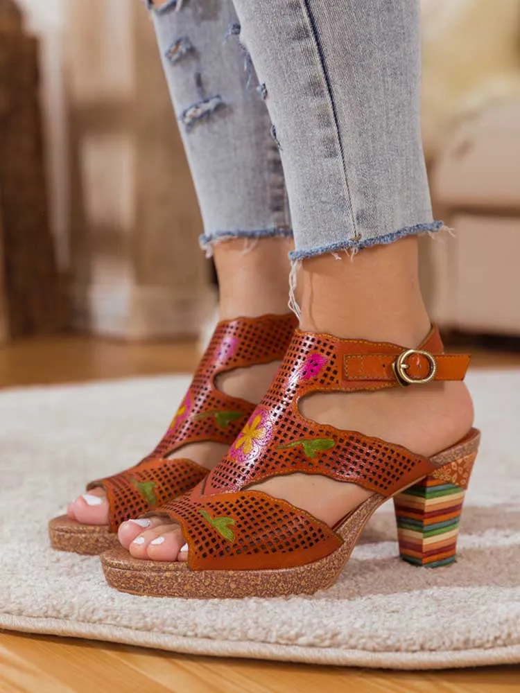 Fish Mouth Cutout Leather Colored Stripe Heel Sandals