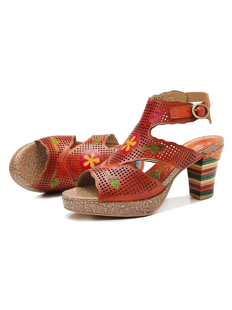 Fish Mouth Cutout Leather Colored Stripe Heel Sandals