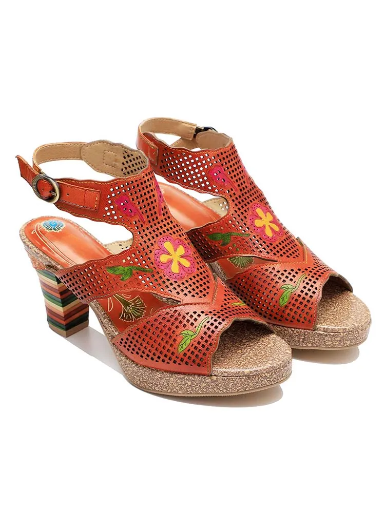 Fish Mouth Cutout Leather Colored Stripe Heel Sandals