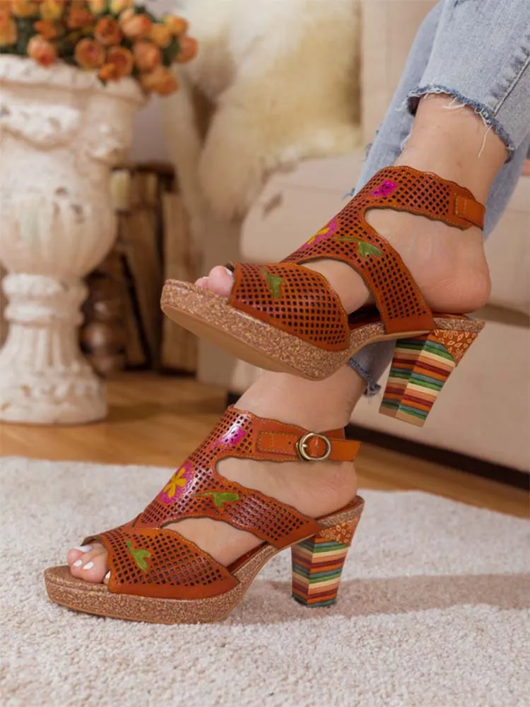 Fish Mouth Cutout Leather Colored Stripe Heel Sandals