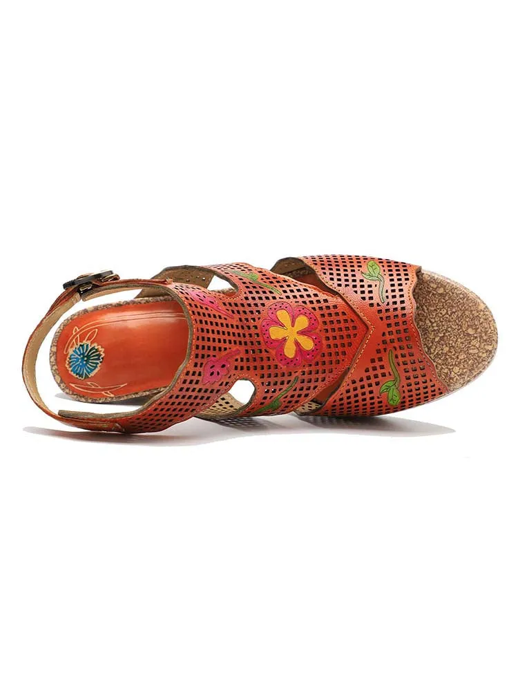 Fish Mouth Cutout Leather Colored Stripe Heel Sandals