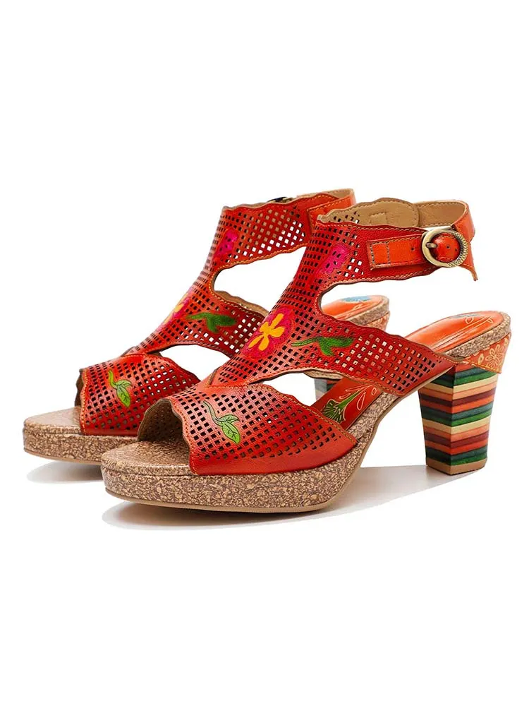 Fish Mouth Cutout Leather Colored Stripe Heel Sandals