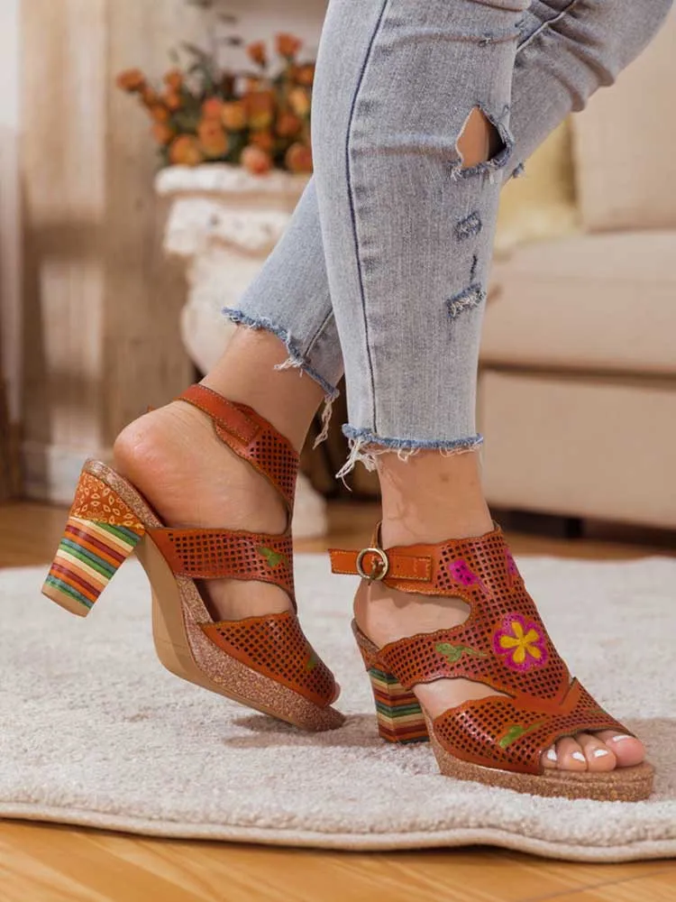 Fish Mouth Cutout Leather Colored Stripe Heel Sandals