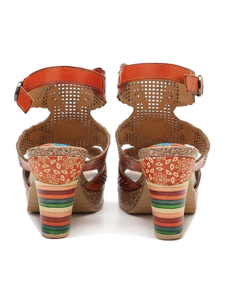 Fish Mouth Cutout Leather Colored Stripe Heel Sandals