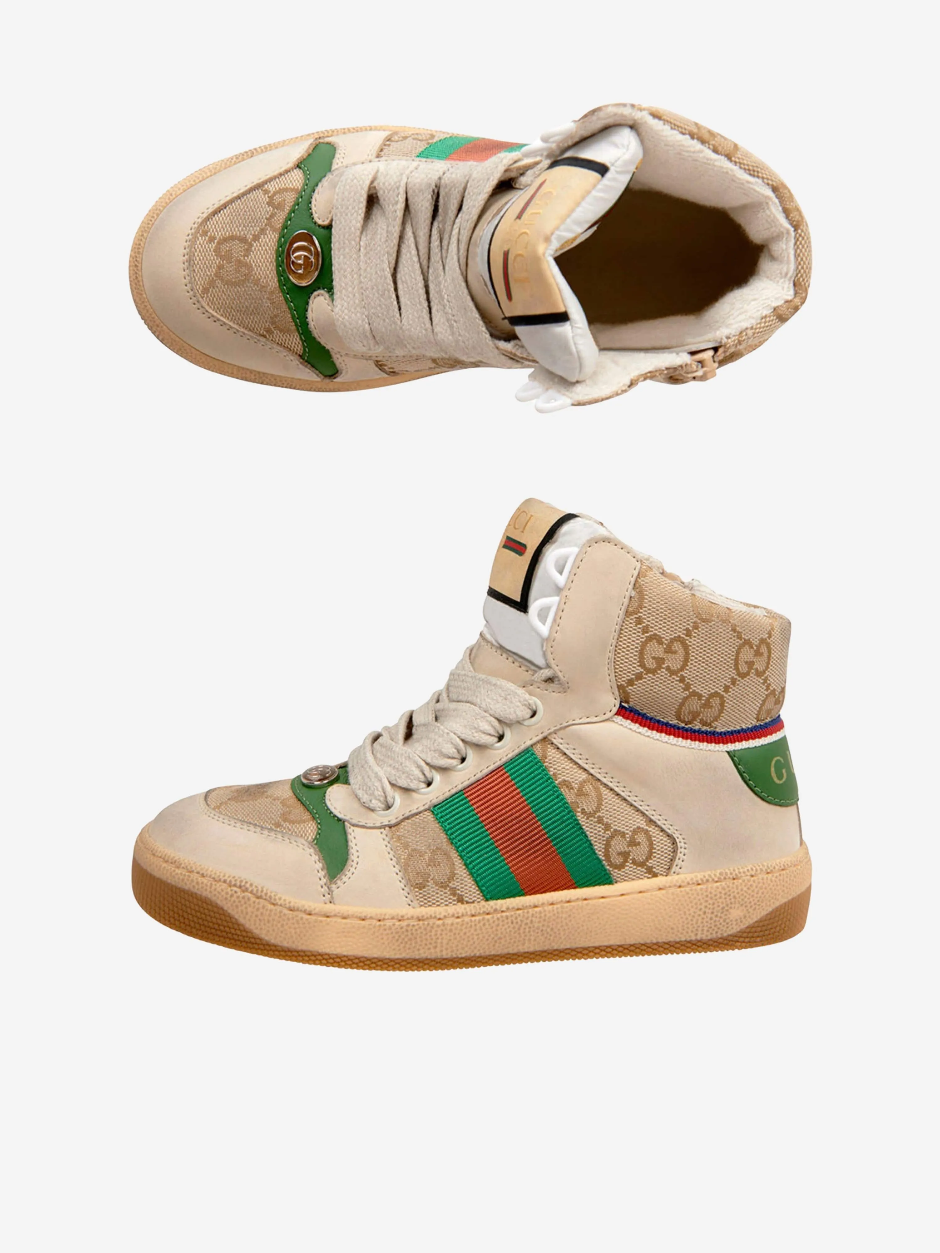 Gucci Kids Beige and Green Screener High Trainers