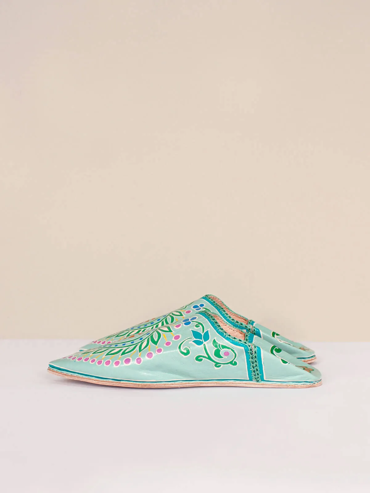 Hand Painted Leaf Babouche Slippers, Sage