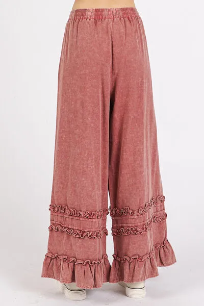 Hazel Blues® |  Mittoshop Ruffle Trim Pocket Mineral Wash Wide Leg Pants
