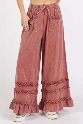 Hazel Blues® |  Mittoshop Ruffle Trim Pocket Mineral Wash Wide Leg Pants