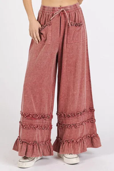 Hazel Blues® |  Mittoshop Ruffle Trim Pocket Mineral Wash Wide Leg Pants