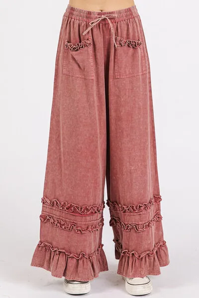 Hazel Blues® |  Mittoshop Ruffle Trim Pocket Mineral Wash Wide Leg Pants