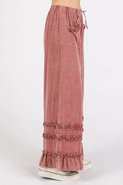Hazel Blues® |  Mittoshop Ruffle Trim Pocket Mineral Wash Wide Leg Pants