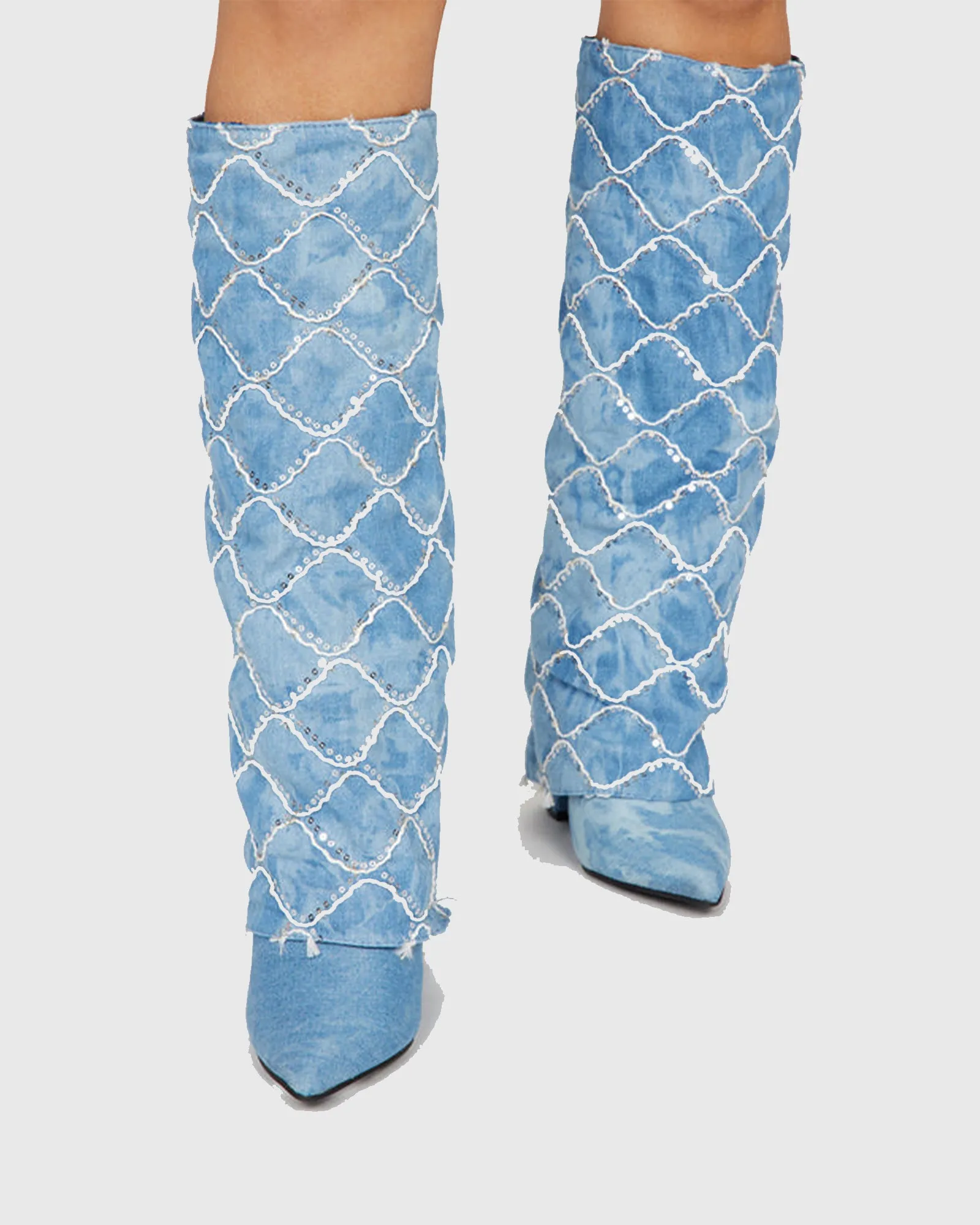 Isa Sequined Plaid Cowboy Knee High Boots