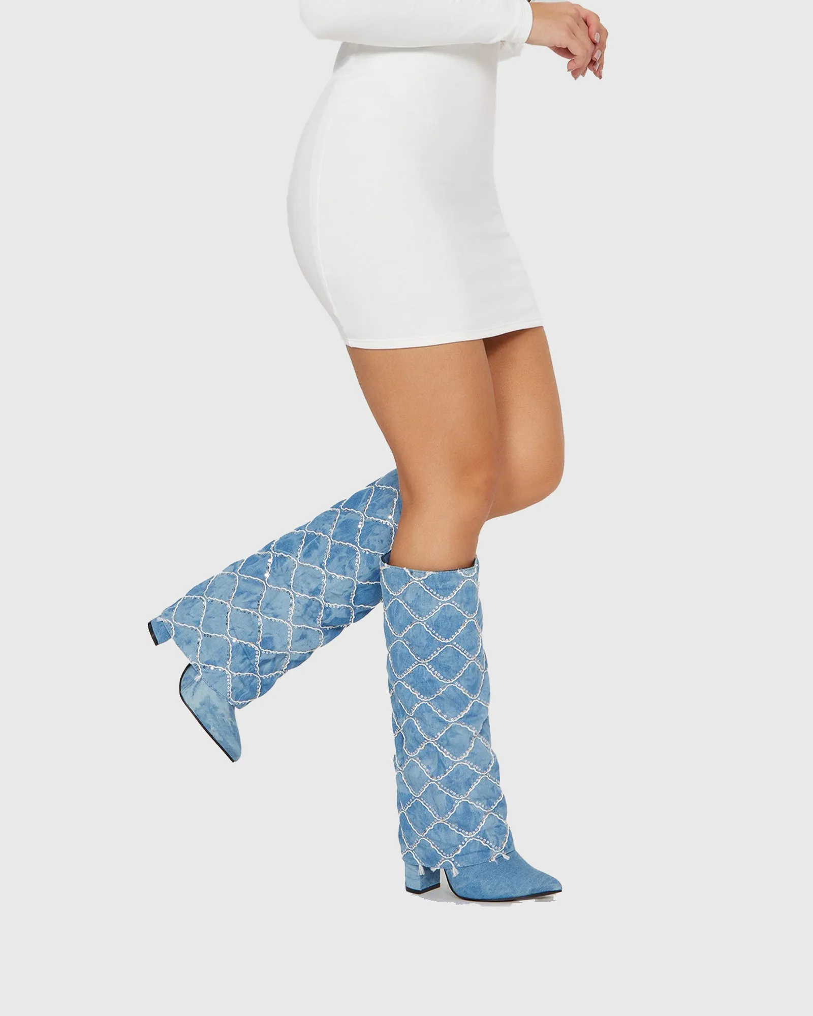 Isa Sequined Plaid Cowboy Knee High Boots