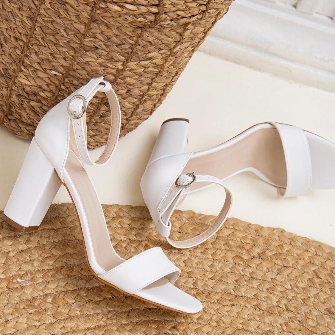 Jess - White Open Toe Block Heels