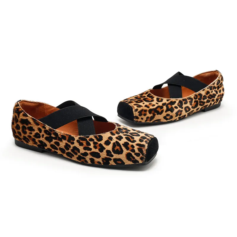 Leopard Print Pony Hair Square-Toe Mary Jane Flats with Cross Straps | Dwarves Studio in Black