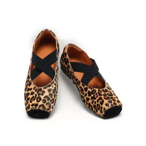 Leopard Print Pony Hair Square-Toe Mary Jane Flats with Cross Straps | Dwarves Studio in Black