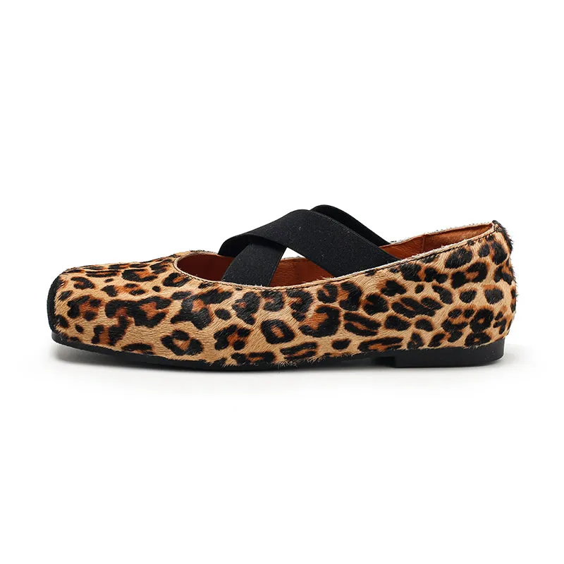Leopard Print Pony Hair Square-Toe Mary Jane Flats with Cross Straps | Dwarves Studio in Black