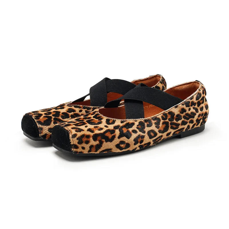 Leopard Print Pony Hair Square-Toe Mary Jane Flats with Cross Straps | Dwarves Studio in Black