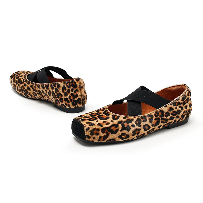 Leopard Print Pony Hair Square-Toe Mary Jane Flats with Cross Straps | Dwarves Studio in Black
