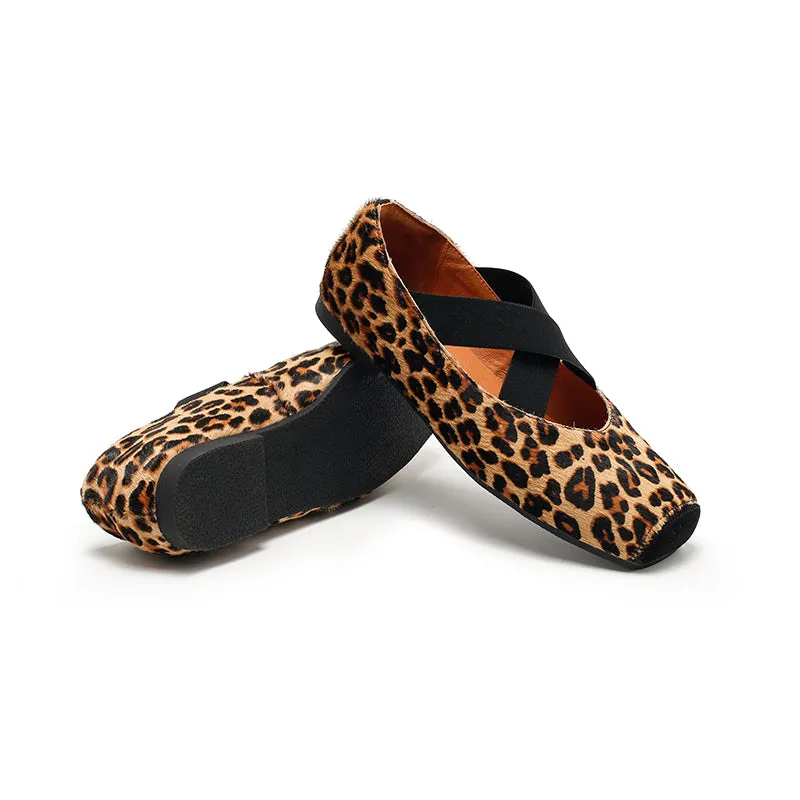 Leopard Print Pony Hair Square-Toe Mary Jane Flats with Cross Straps | Dwarves Studio in Black