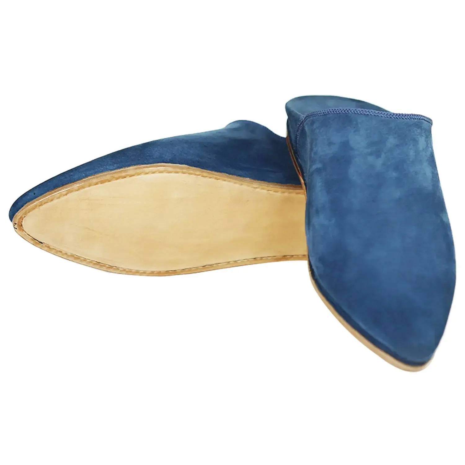 Men's Pointed Suede Blue Moroccan Babouches Leather Slippers