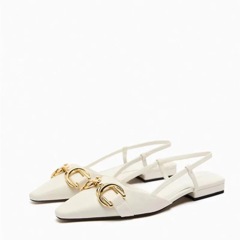 Metal Decoration Pointed Low Heel Women's Slingback Slippers
