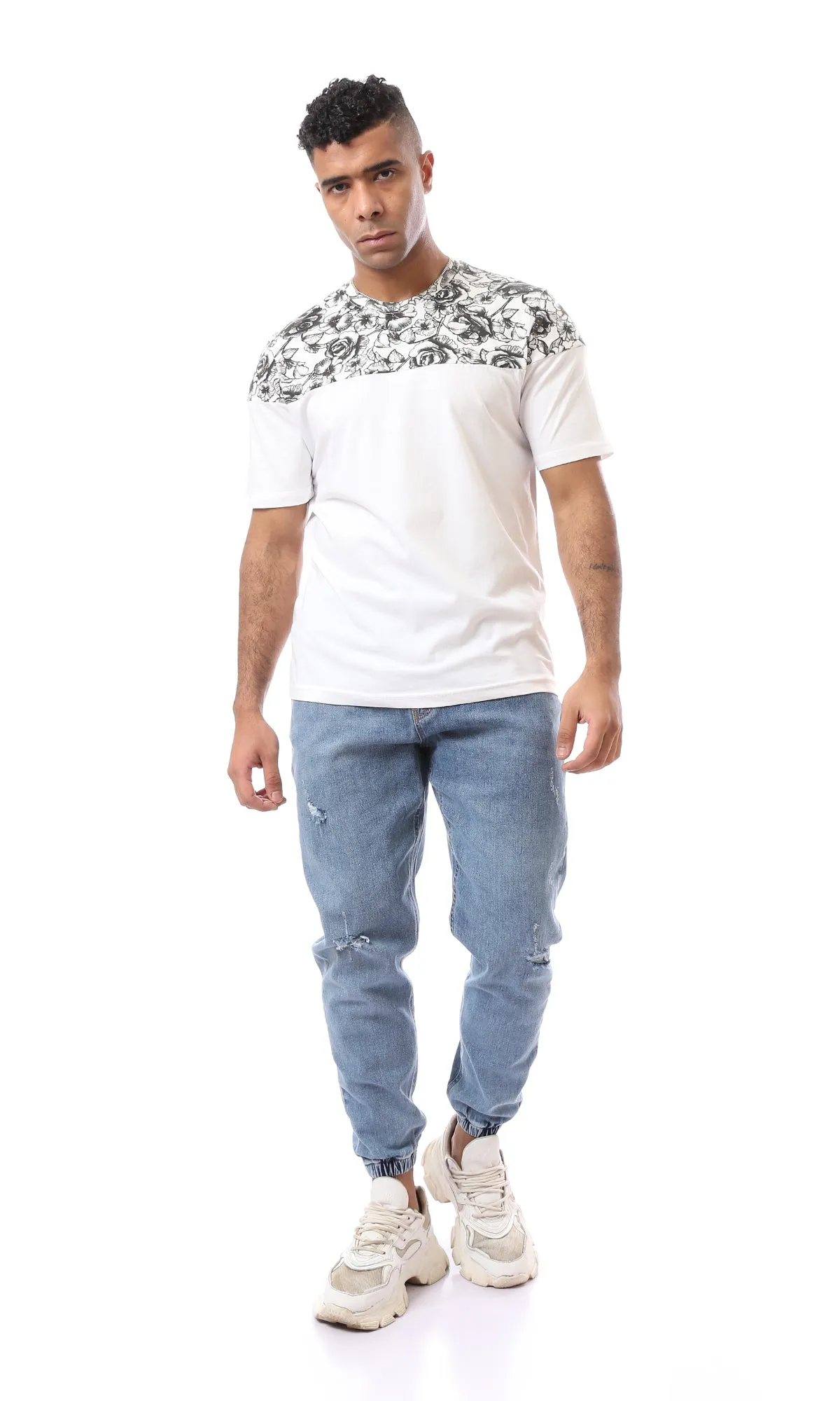 O167194 Floral Shoulders Round Neck White Tee