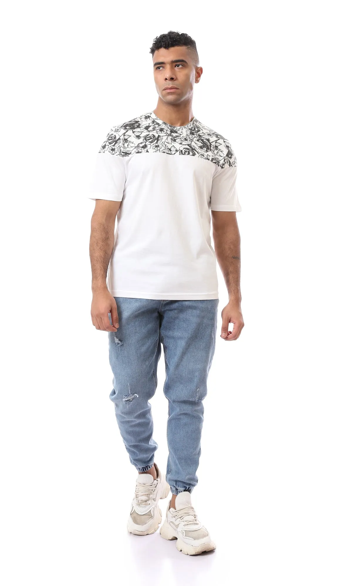 O167194 Floral Shoulders Round Neck White Tee