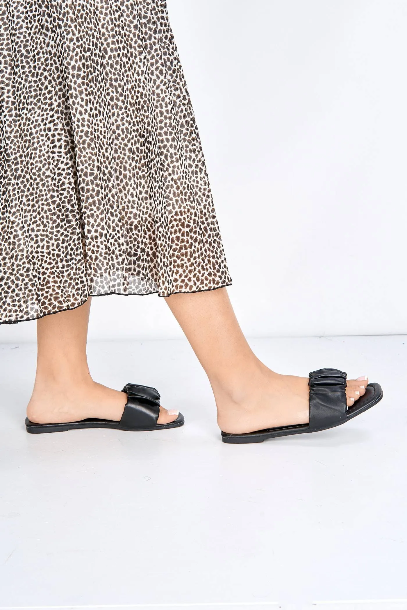 Raye Flat Ruched Sandal in Black