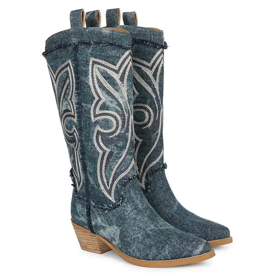 Saint Aria Denim Stitched Leather Calf Boots