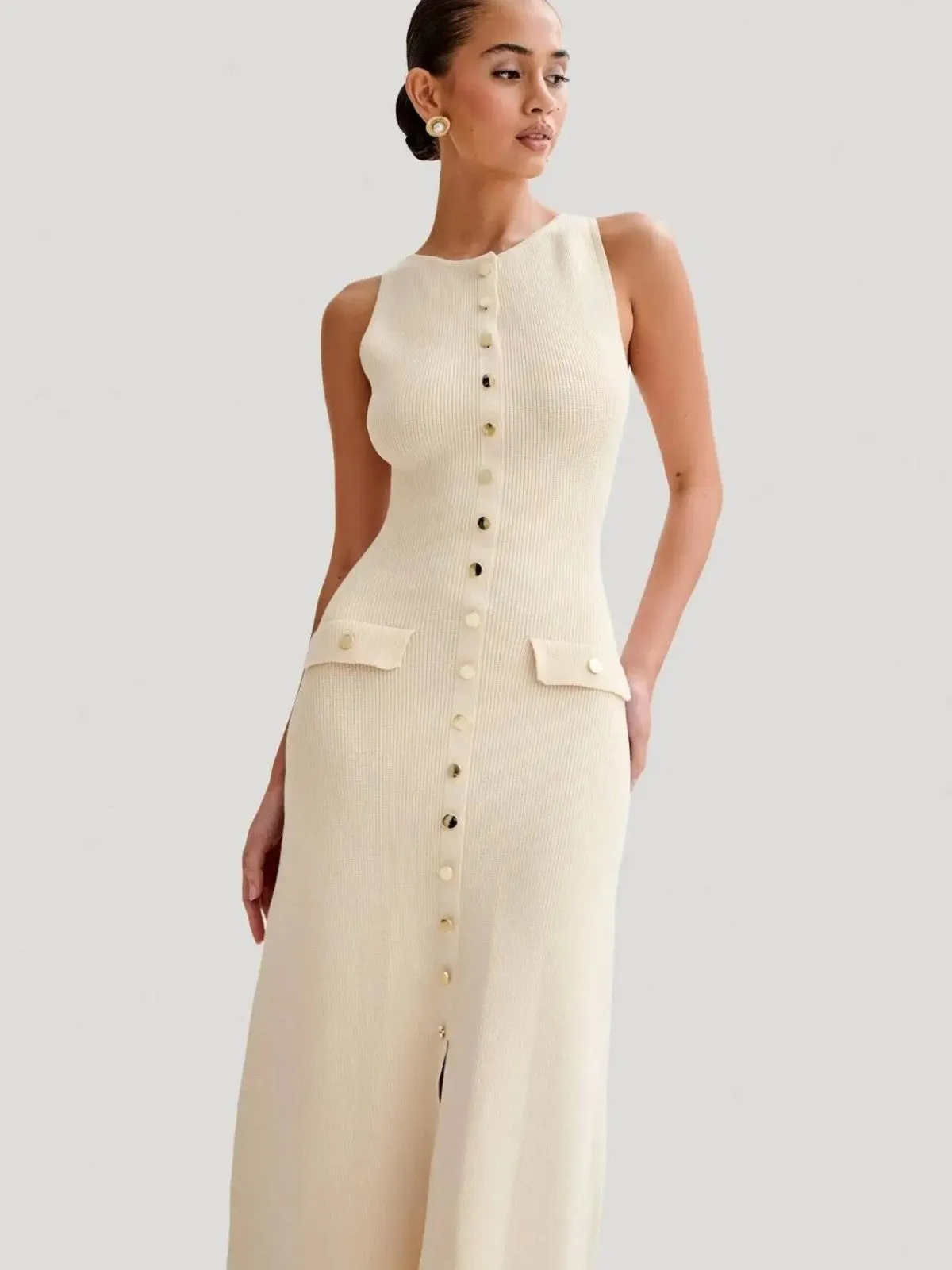 Sophie Navy Button-Front Knit Midi Dress