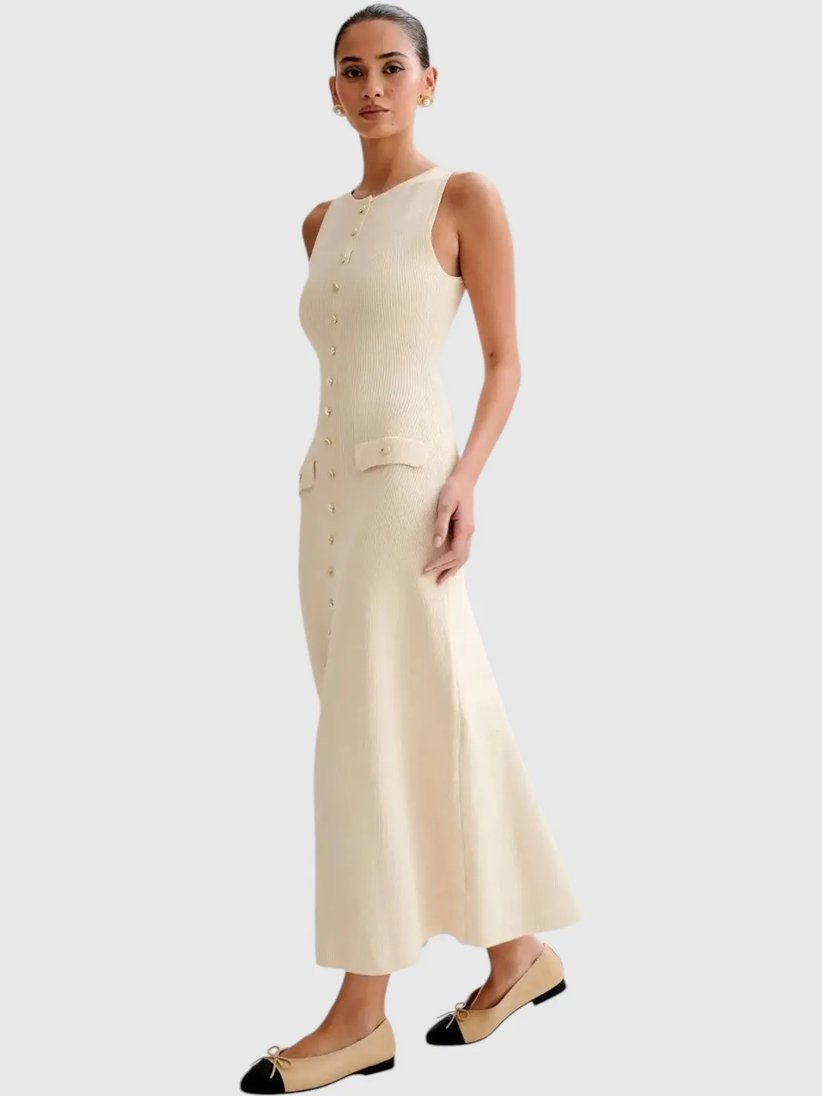 Sophie Navy Button-Front Knit Midi Dress