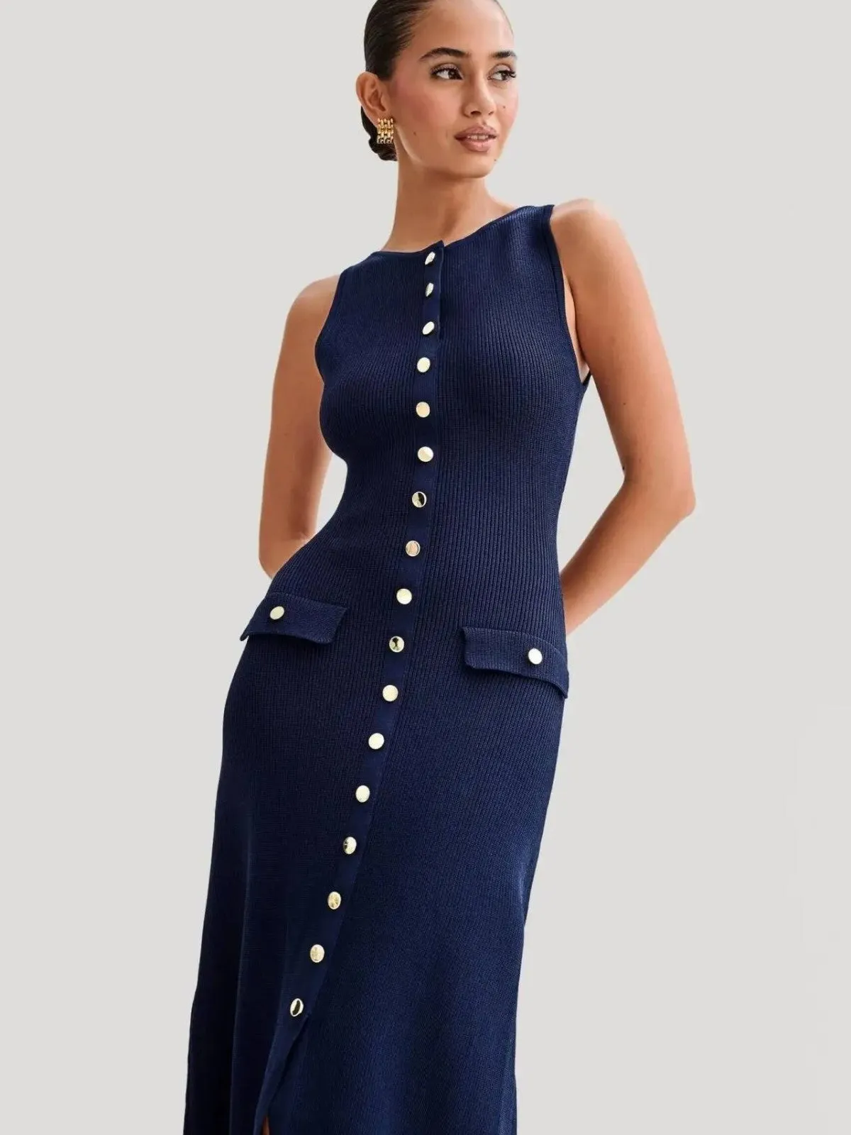 Sophie Navy Button-Front Knit Midi Dress