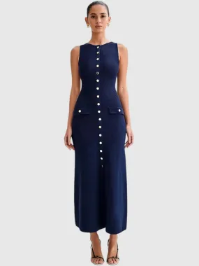 Sophie Navy Button-Front Knit Midi Dress