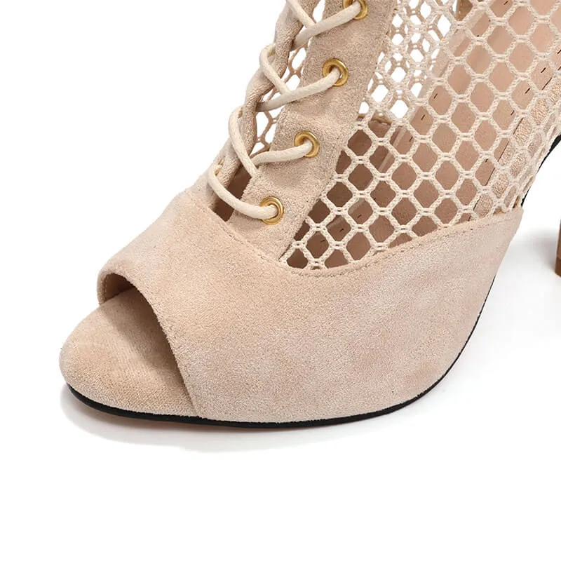 Suede Paneled Mesh High Heel Ankle Boots