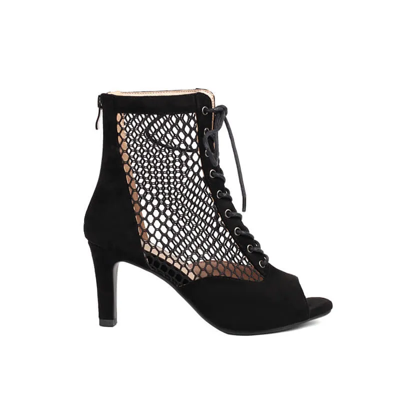 Suede Paneled Mesh High Heel Ankle Boots