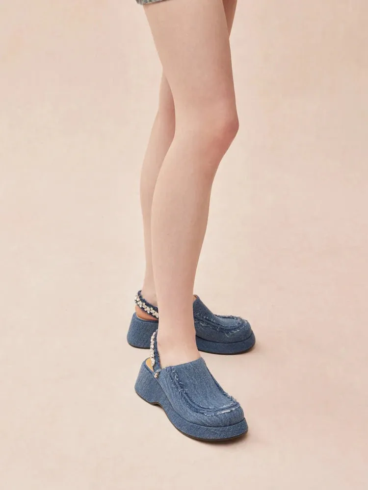 Tara Diamante Denim Platform Mules