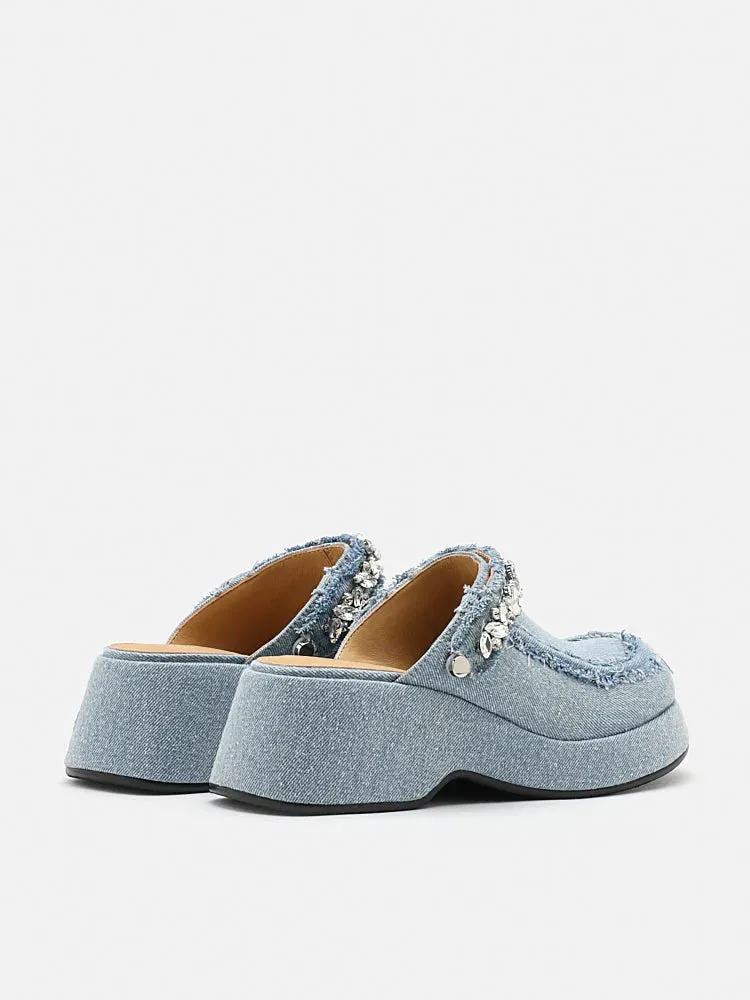 Tara Diamante Denim Platform Mules