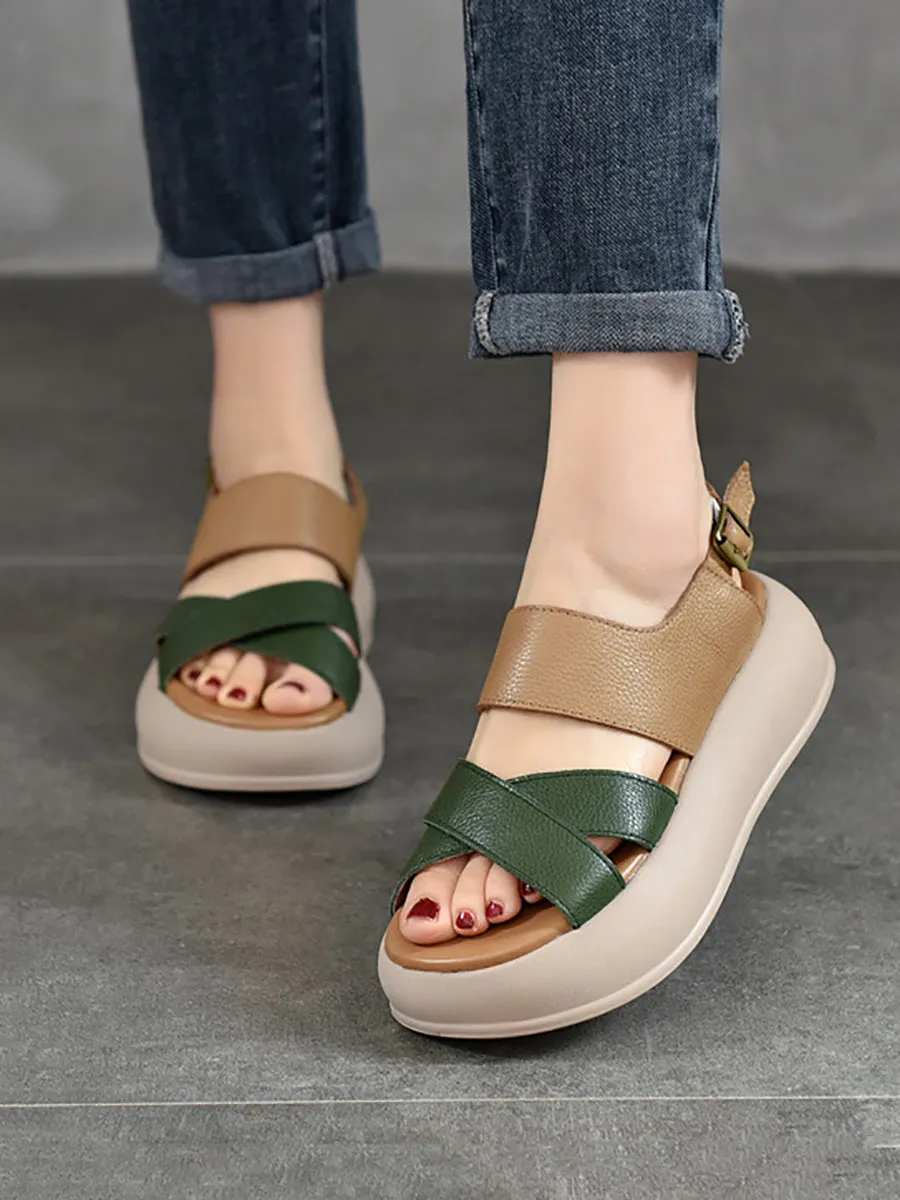 Women Summer Colorblock Leather Platform Sandal